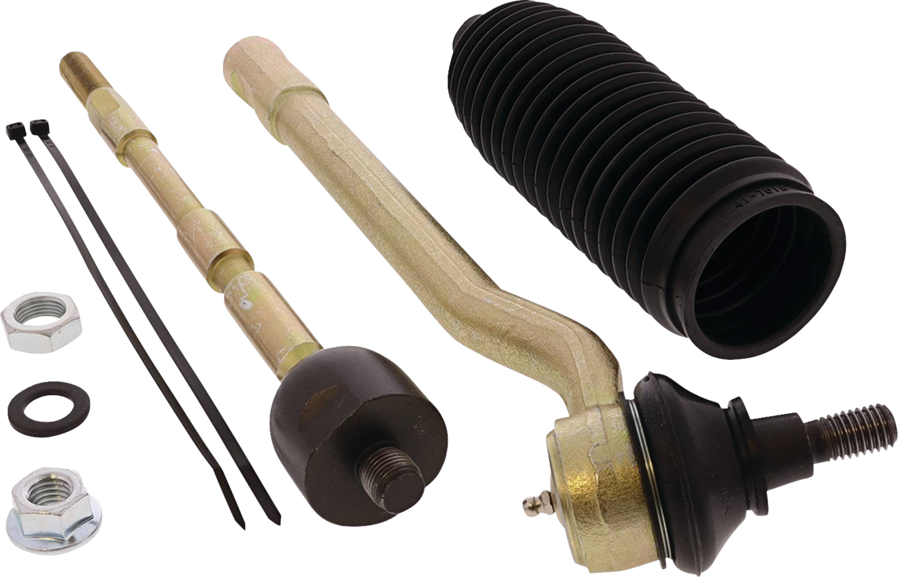 A set of automotive steering components, including a gold metal tie rod, a black rubber accordion boot, two hex nuts, a washer, and two black zip ties, all arranged against a light background.