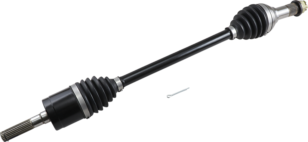 A black and silver car axle shaft with accordion-style rubber boots at both ends, metal splines exposed on the left, and a metal pin lying beside it on a white background.