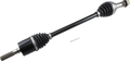 A black and silver car axle shaft with accordion-style rubber boots at both ends, metal splines exposed on the left, and a metal pin lying beside it on a white background.