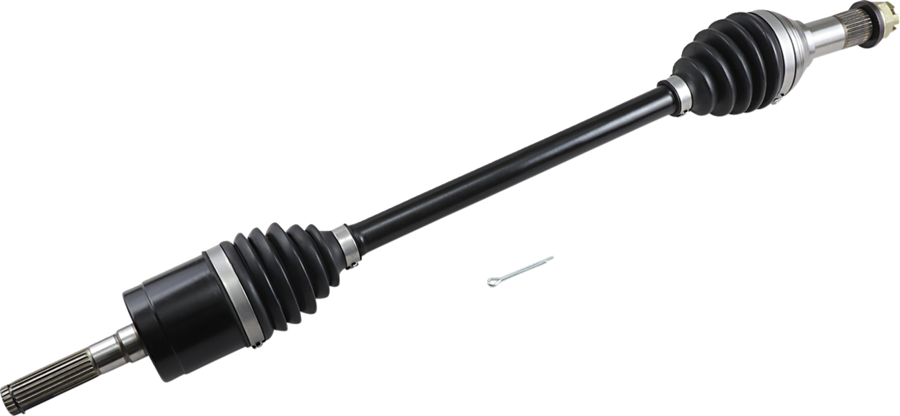 A black and silver car axle shaft with accordion-style rubber boots at both ends, metal splines exposed on the left, and a metal pin lying beside it on a white background.