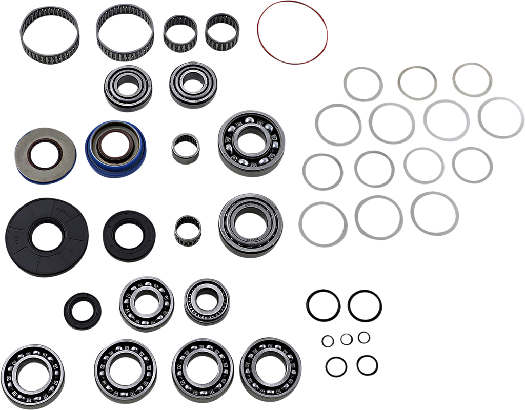 A collection of mechanical parts arranged on a white background, including various sizes of ball bearings, needle bearings, oil seals, rubber O-rings, and metal washers. The components are neatly grouped by type and size in a grid-like pattern.
