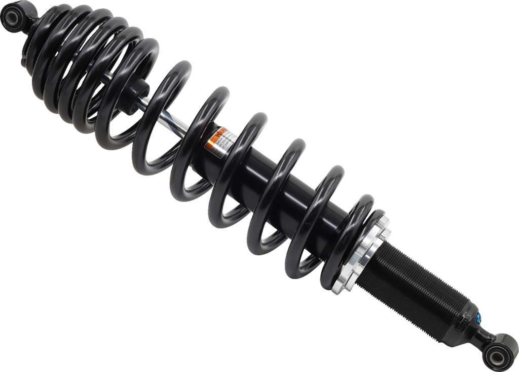 A black coilover shock absorber with a tightly wound coil spring wrapped around a cylindrical damper. The ends have mounting points, and there is a silver adjustment ring on the lower section. The background is plain white.