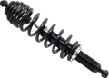 A black coilover shock absorber with a tightly wound coil spring wrapped around a cylindrical damper. The ends have mounting points, and there is a silver adjustment ring on the lower section. The background is plain white.