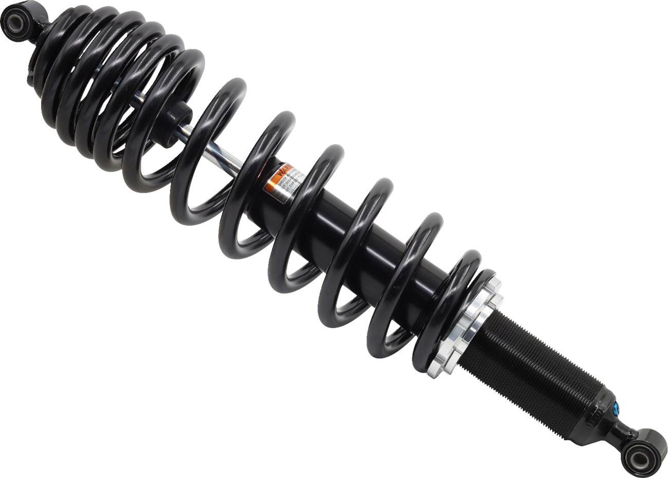 A black coilover shock absorber with a tightly wound coil spring wrapped around a cylindrical damper. The ends have mounting points, and there is a silver adjustment ring on the lower section. The background is plain white.