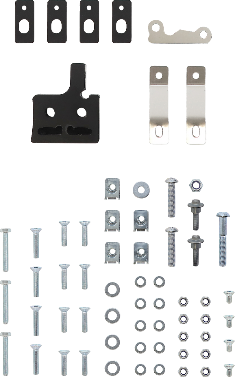 Assorted hardware kit laid out neatly on a white surface, including black and silver metal brackets, bolts, screws, washers, nuts, and clips arranged in rows, showing all pieces clearly for assembly reference.