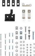 Assorted hardware kit laid out neatly on a white surface, including black and silver metal brackets, bolts, screws, washers, nuts, and clips arranged in rows, showing all pieces clearly for assembly reference.