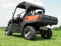 A rugged orange and black side-by-side utility vehicle with large off-road tires is parked on green grass under a partly cloudy sky. The vehicle features a Cf Moto Uforce 500/800 Soft Top, roof, roll bars, and Chironex rear tailgate.