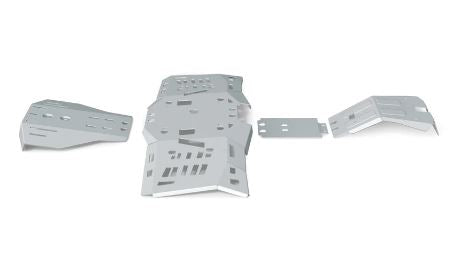 Four flat, silver metal panels—including the largest central piece—are arranged side by side. These are Can-Am Outlander G2 L / Max Alloy - Central Skid Plate parts, each with angled edges and various cutouts, shown against a white background.
