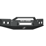 The 2019-2021 Chevy 1500 Stealth Front Non-Winch Bumper features textured black sheet metal, an angular design with a central rectangular cutout, the ROAD ARMOR logo, and square openings at both ends for a modern, rugged look.