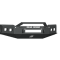 The 2019-2021 Chevy 1500 Stealth Front Non-Winch Bumper features textured black sheet metal, an angular design with a central rectangular cutout, the ROAD ARMOR logo, and square openings at both ends for a modern, rugged look.