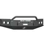 A matte black, heavy-duty steel 2019-21 Chevy 1500 Stealth Front Winch Bumper Pre-Runner Guard with angular edges, raised bar, ROAD ARMOR in white on top, two square cutouts each side, and a circular logo at the lower center.