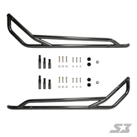 The S3 Power Sports 2020+ Polaris RZR Pro XP Nerf Bars are displayed with bolts, washers, and spacers arranged between the two black metal bars on a white background. The “SX” logo is visible in the bottom right corner.