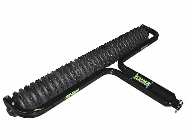The Cultipacker Till-Ease Model TP2760 is a black metal agricultural tool with a long, ridged cylindrical roller featuring multiple evenly spaced discs and a Y-shaped frame displaying the Kunz brand name in green.