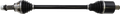 A black automotive axle shaft with metal splined ends and large rubber boots on both sides, used for transferring rotational force in vehicles. The shaft is shown on a plain white background.