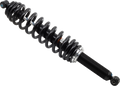 A black coilover shock absorber with a tightly wound spring and metal cylinder body, featuring mounting points at each end, isolated on a white background. The mechanical part is clean and unused, showcasing its detailed construction and shiny metal compo