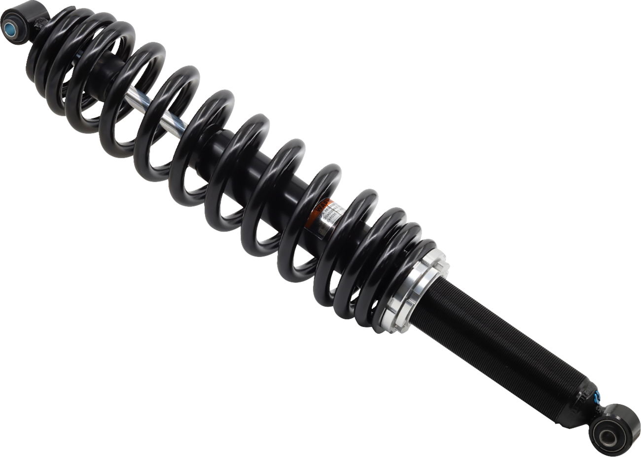 A black coilover shock absorber with a tightly wound spring and metal cylinder body, featuring mounting points at each end, isolated on a white background. The mechanical part is clean and unused, showcasing its detailed construction and shiny metal compo