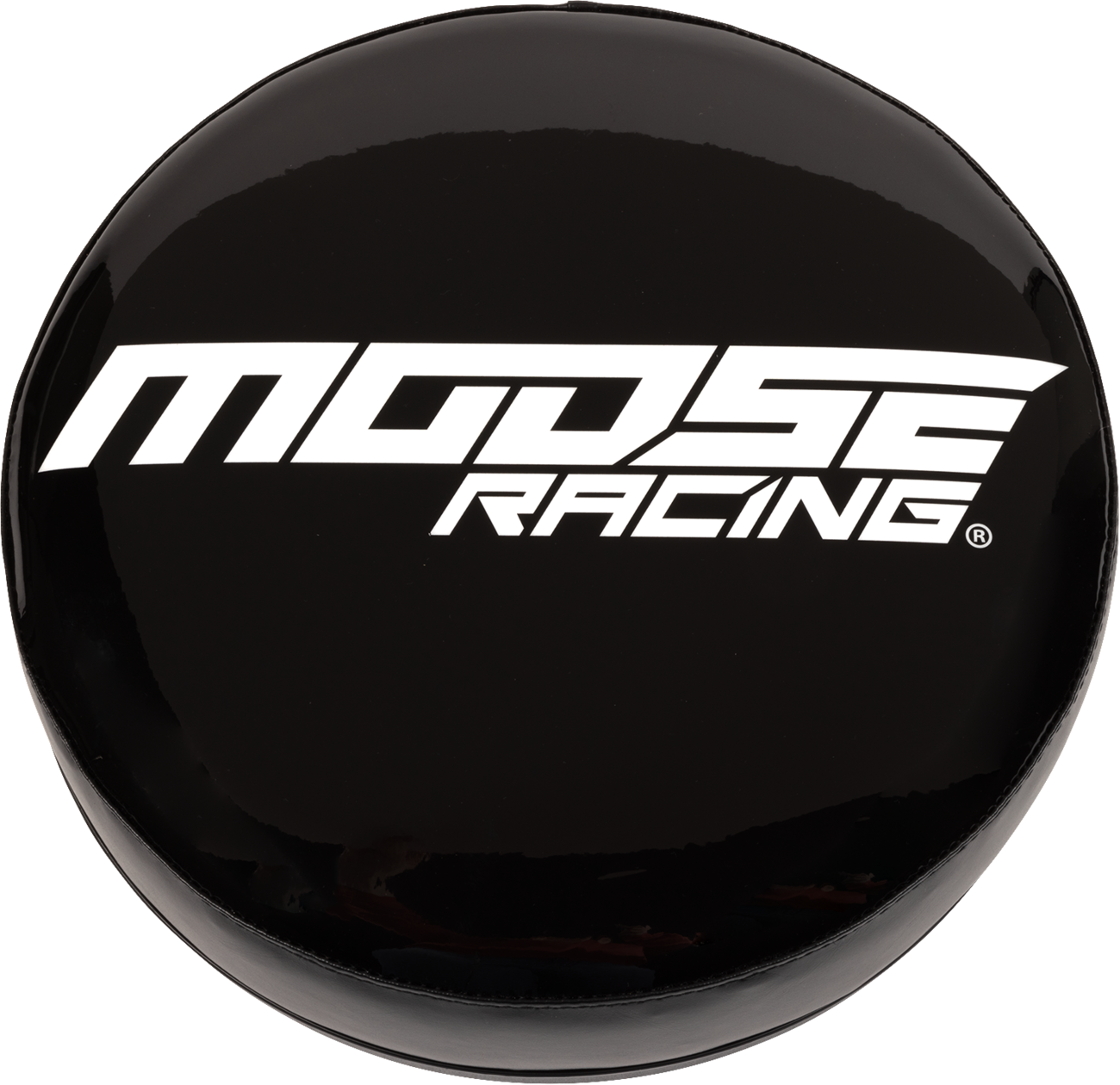 A black round cover with bold white text reading MOOSE RACING in a modern, angular font. The surface is glossy, reflecting light. The background is plain and light-colored, making the cover and text stand out clearly.