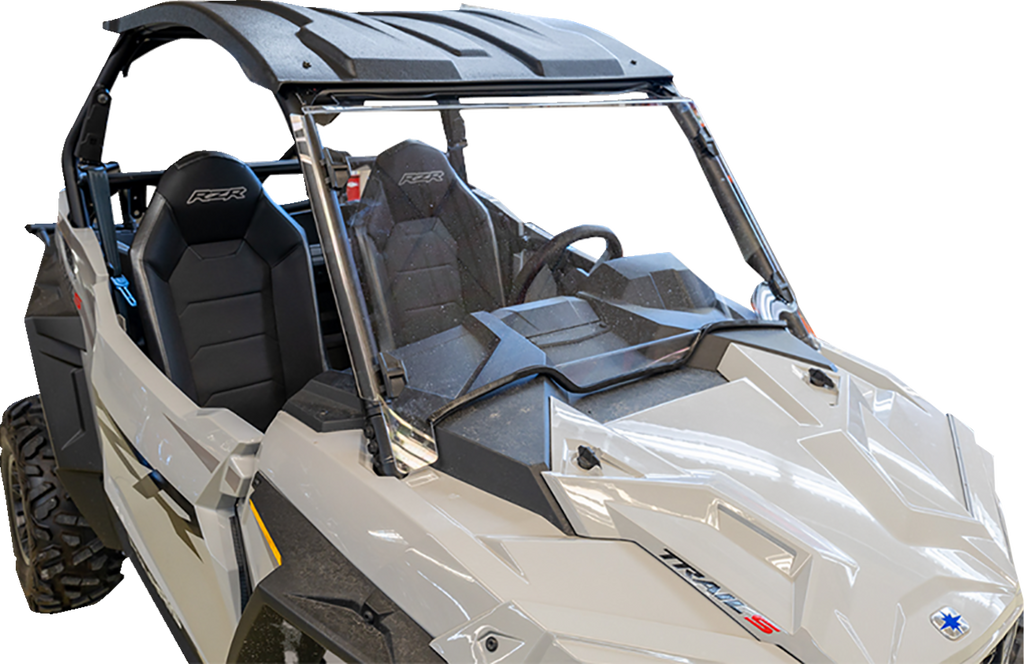 A light gray Polaris off-road utility vehicle with two black bucket seats, a roof, a clear windshield, and rugged tires is shown from a front angle. The vehicle is designed for outdoor terrain and seats two people side by side.