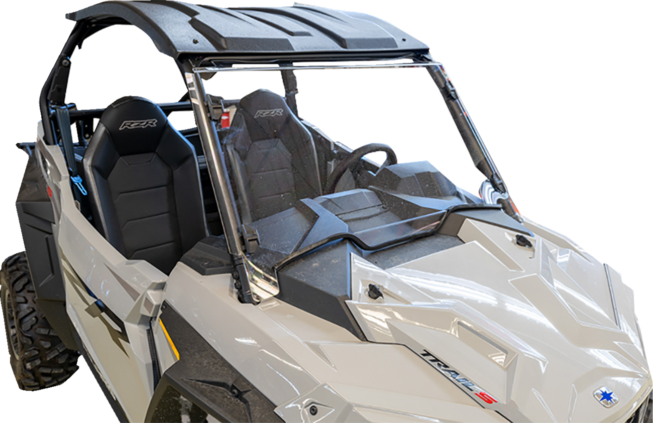 A light gray Polaris off-road utility vehicle with two black bucket seats, a roof, a clear windshield, and rugged tires is shown from a front angle. The vehicle is designed for outdoor terrain and seats two people side by side.