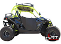 A Can-Am Maverick featuring Dirt Specialties Half Doors is shown from the side in black and neon yellow, with large rugged tires, a roll cage, and the “dirt Specialties” logo by the rear tire on a white background.