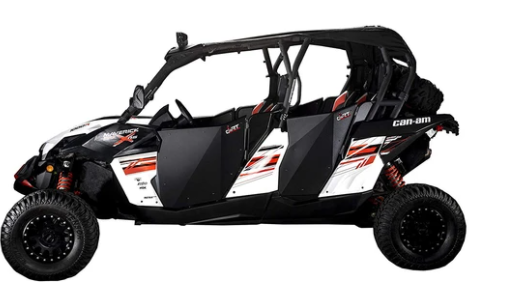The Can-Am Maverick Max Commander Max with Dirt Specialties half doors features black and white styling, seating for four, rugged tires, red accents, secure half doors, and a partially open roof for all-terrain adventures.