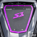 Close-up of the S3 Power Sports 2013+ Can-Am Maverick Vented Hood Insert, featuring a carbon fiber texture, purple-bordered center panel with bolts and mesh, a stylized purple “S” with a star, and a semi-transparent SX logo in the lower-right corner.