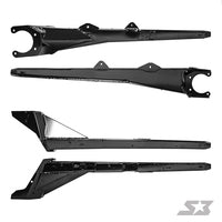 Four views of the S3 Power Sports 2020+ Polaris RZR Pro XP HD High Clearance Trailing Arms in black metal are shown on a white background, featuring sturdy angular supports and mounting points for structural use.