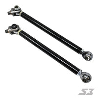 Two S3 Power Sports 2016+ Can-Am Defender HD Tie Rods in black metal with silver rod ends and mounting hardware are shown parallel on a white background, with the SX logo in the bottom right corner.