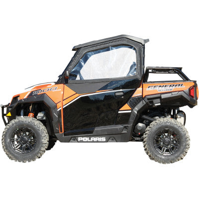 A side view of a Polaris General (2015-2022) fitted with the Seizmik Upper Half Door Kit, featuring an orange and black sporty, angular design, large rugged tires, a partially enclosed cab with clear plastic doors, and General branding above the rear whee