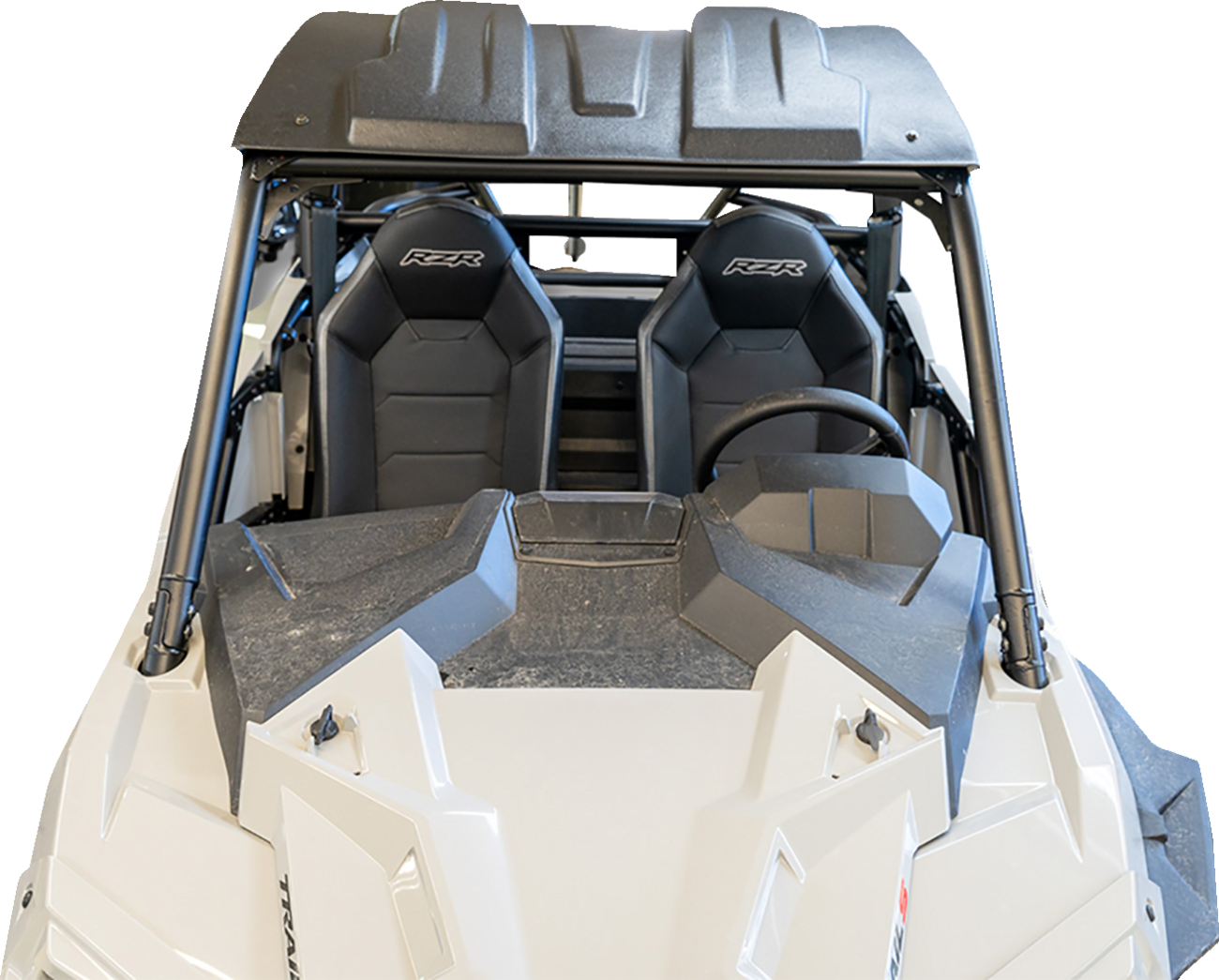 A top-down view of a white off-road vehicle with two black bucket seats labeled RZR, a black roll cage, and a black roof. The dashboard and steering wheel are visible, and the bodywork has angular contours.