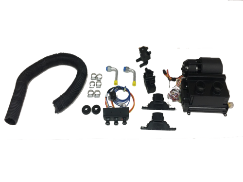 The Roxor Air Heater and Defroster Kit includes a coiled black hose, metallic parts, electrical wiring with connectors, two blue/yellow valves, a switch panel, black mounting brackets, and a compact heater unit with attached wires.