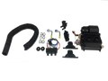 The Roxor Air Heater and Defroster Kit includes a coiled black hose, metallic parts, electrical wiring with connectors, two blue/yellow valves, a switch panel, black mounting brackets, and a compact heater unit with attached wires.