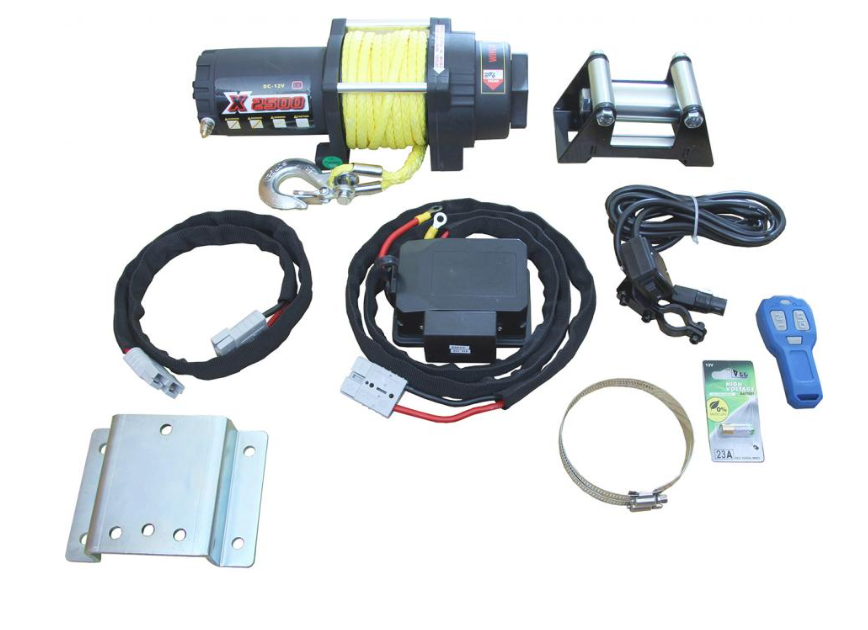 The Offroad Trailer 2600lb Capacity w/ 2 Ball Hitch is shown on a white background with all components—including motor, yellow synthetic cable, metal hook, roller fairlead, mounting plate, wiring, remote control, strap, and hardware—neatly arranged.