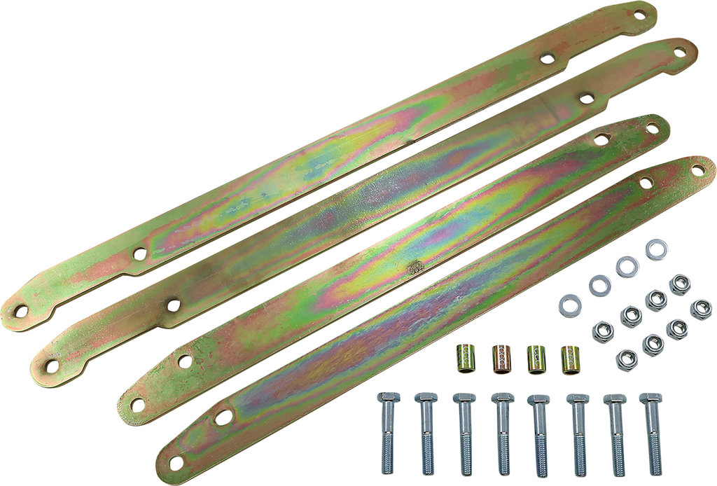 Four gold-toned metal brackets are aligned diagonally. Below them are four bolts, four nuts, four cylindrical spacers, four washers, and four lock nuts, all arranged neatly on a white background. The hardware appears new and unused.