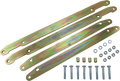 Four gold-toned metal brackets are aligned diagonally. Below them are four bolts, four nuts, four cylindrical spacers, four washers, and four lock nuts, all arranged neatly on a white background. The hardware appears new and unused.