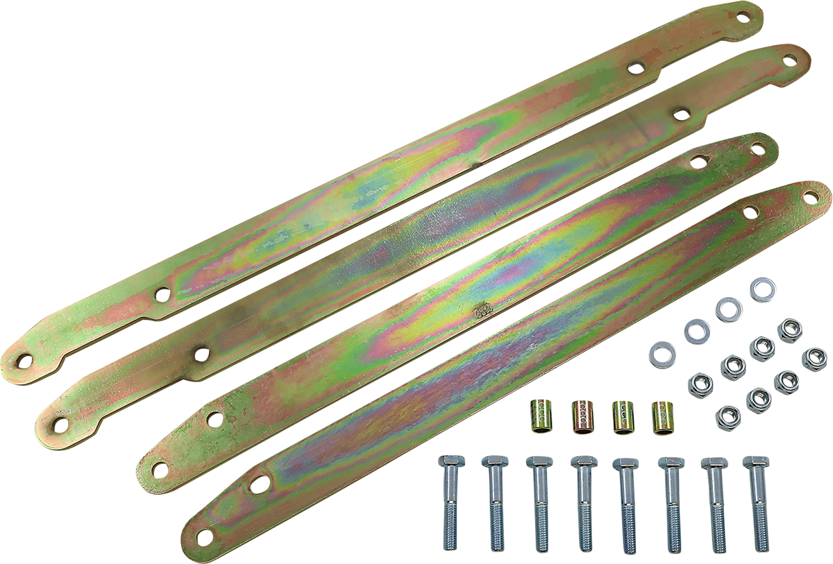 Four gold-toned metal brackets are aligned diagonally. Below them are four bolts, four nuts, four cylindrical spacers, four washers, and four lock nuts, all arranged neatly on a white background. The hardware appears new and unused.