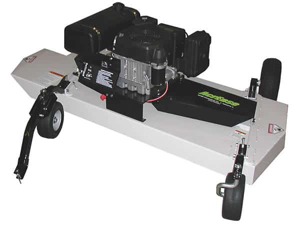The Finish Cut Mower AcrEase Model C60BE is a gasoline-powered tow-behind mower with a rectangular metal deck, rear large black wheels, front tow bar and small wheels for vehicle attachment, and a black engine on top.