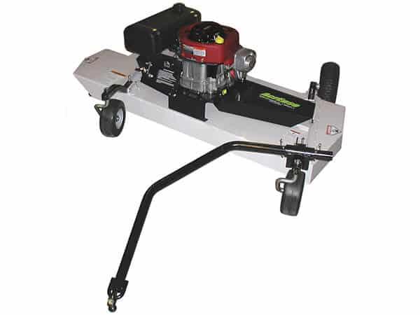 The Finish Cut Mower AcrEase Model H60B features a red and black engine on a white rectangular frame, two large rear wheels, two front caster wheels, and a long black tow bar for vehicle attachment.