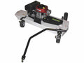 The Finish Cut Mower AcrEase Model H60B features a red and black engine on a white rectangular frame, two large rear wheels, two front caster wheels, and a long black tow bar for vehicle attachment.