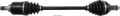 A black car axle shaft with two large rubber CV joint boots on each end, ridged and accordion-shaped, connected by a smooth metal rod. Metal splines are visible at each end, with a small metal cotter pin placed below the axle.