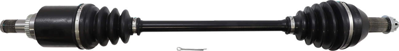A black car axle shaft with two large rubber CV joint boots on each end, ridged and accordion-shaped, connected by a smooth metal rod. Metal splines are visible at each end, with a small metal cotter pin placed below the axle.