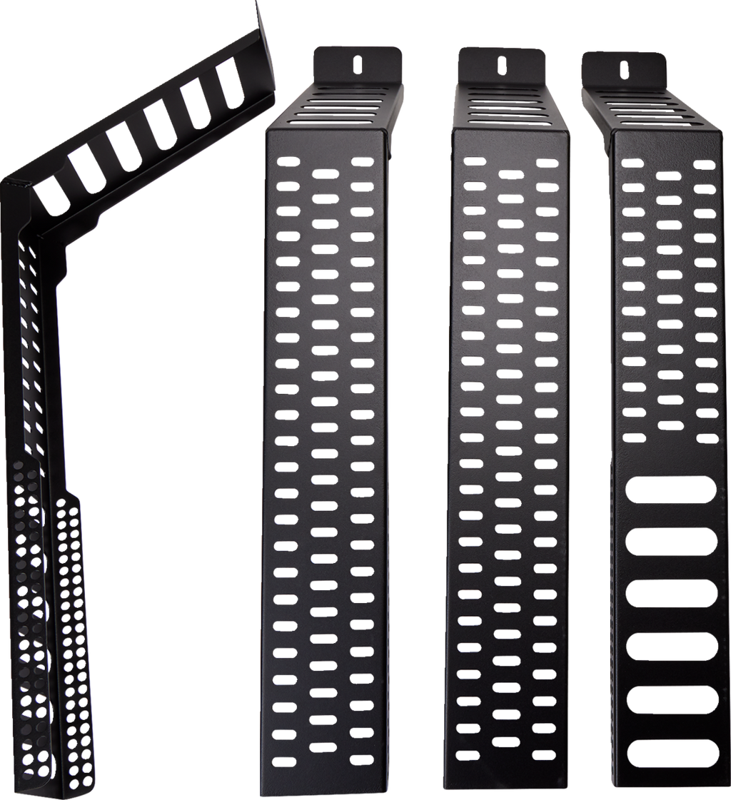 Four black metal wall-mount racks with rectangular perforations are shown. Three racks are upright, displaying their perforated sides, while one is angled to reveal its side and mounting bracket. The background is plain white.