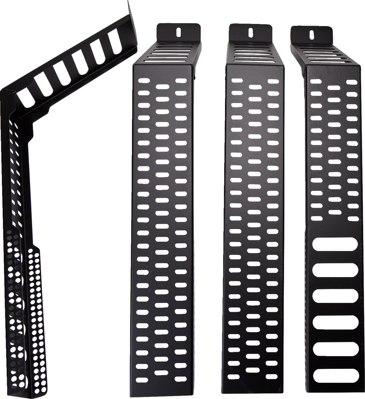 Four black metal wall-mount racks with rectangular perforations are shown. Three racks are upright, displaying their perforated sides, while one is angled to reveal its side and mounting bracket. The background is plain white.