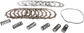 A motorcycle clutch kit is shown, including multiple metal and friction clutch plates arranged in two stacks, six coiled metal springs lined up in front, and a flexible black gasket off to the right on a white background.