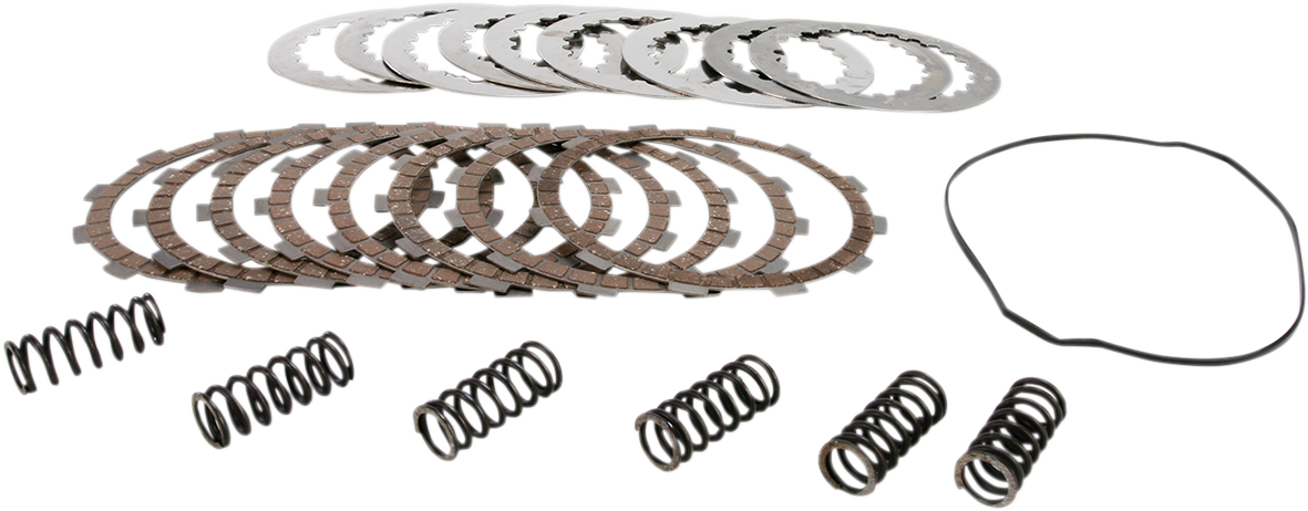 A motorcycle clutch kit is shown, including multiple metal and friction clutch plates arranged in two stacks, six coiled metal springs lined up in front, and a flexible black gasket off to the right on a white background.