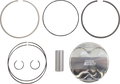 A motorcycle piston kit laid out on a white background includes a shiny piston engraved with “MOOSE RACING EXH,” a piston pin, two circlips, and two sets of piston rings, all arranged in an organized manner.