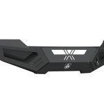 The 2011-2016 Ford F-250 Spartan Front Bumper by Road Armor features a textured black finish, angular design with geometric cutouts, an embossed logo, sharp lines, and reinforced corners for rugged protection and a modern look.