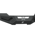 The 2011-2016 Ford F-250 Spartan Front Bumper by Road Armor features a textured black finish, angular design with geometric cutouts, an embossed logo, sharp lines, and reinforced corners for rugged protection and a modern look.