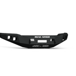 The 2018-2020 Ford F-150 Stealth Front Non-Winch Bumper in texture black features angular contours, cutouts, a central rectangular slot, and “ROAD ARMOR” in white on the front—designed for rugged protection.