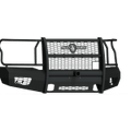 The 2018-2020 Ford F-150 Vaquero Front Non-Winch Bumper Full Guard features textured black, heavy-duty steel with a mesh center, solid lower protection, side headlight guards, 2-in receiver, and tow hook openings—built for rugged off-road use.